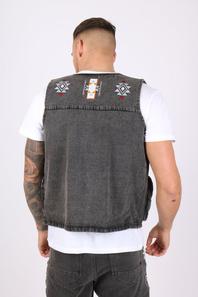 Washed Black Denim Gilet with Aztec Embroidery