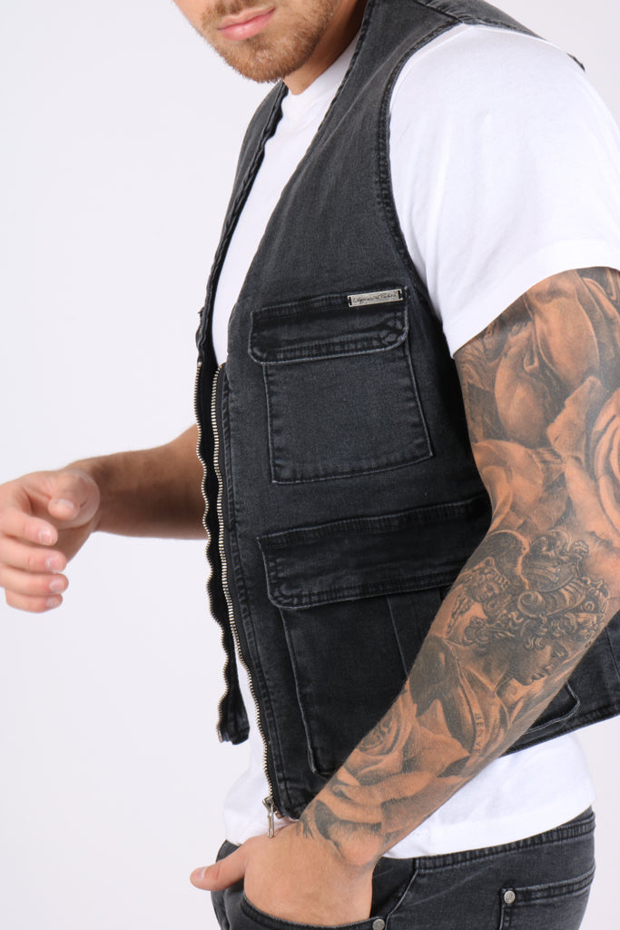 Washed Black Denim Gilet Vest