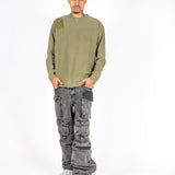 Khaki Double Layered Distressed Long Sleeve T-shirt