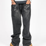 Washed Black Contrast Stitch Barrel Varsity Jeans