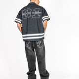Washed Black Contrast Stitch Barrel Varsity Jeans