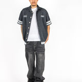 Washed Black Contrast Stitch Barrel Varsity Jeans