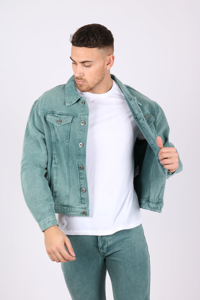 LNP Official Oversized Boxy Denim Jacket In Acid Washed Forest Green