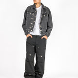 Washed Black Clasp Detail Denim Jacket