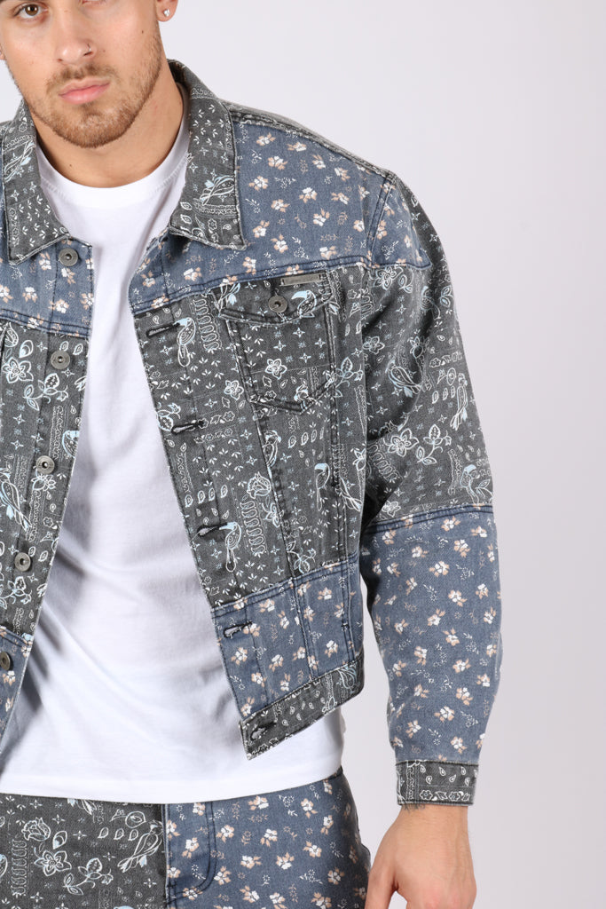 Oversized Trucker Jacket In Black Floral And Blue Paisley Splicing