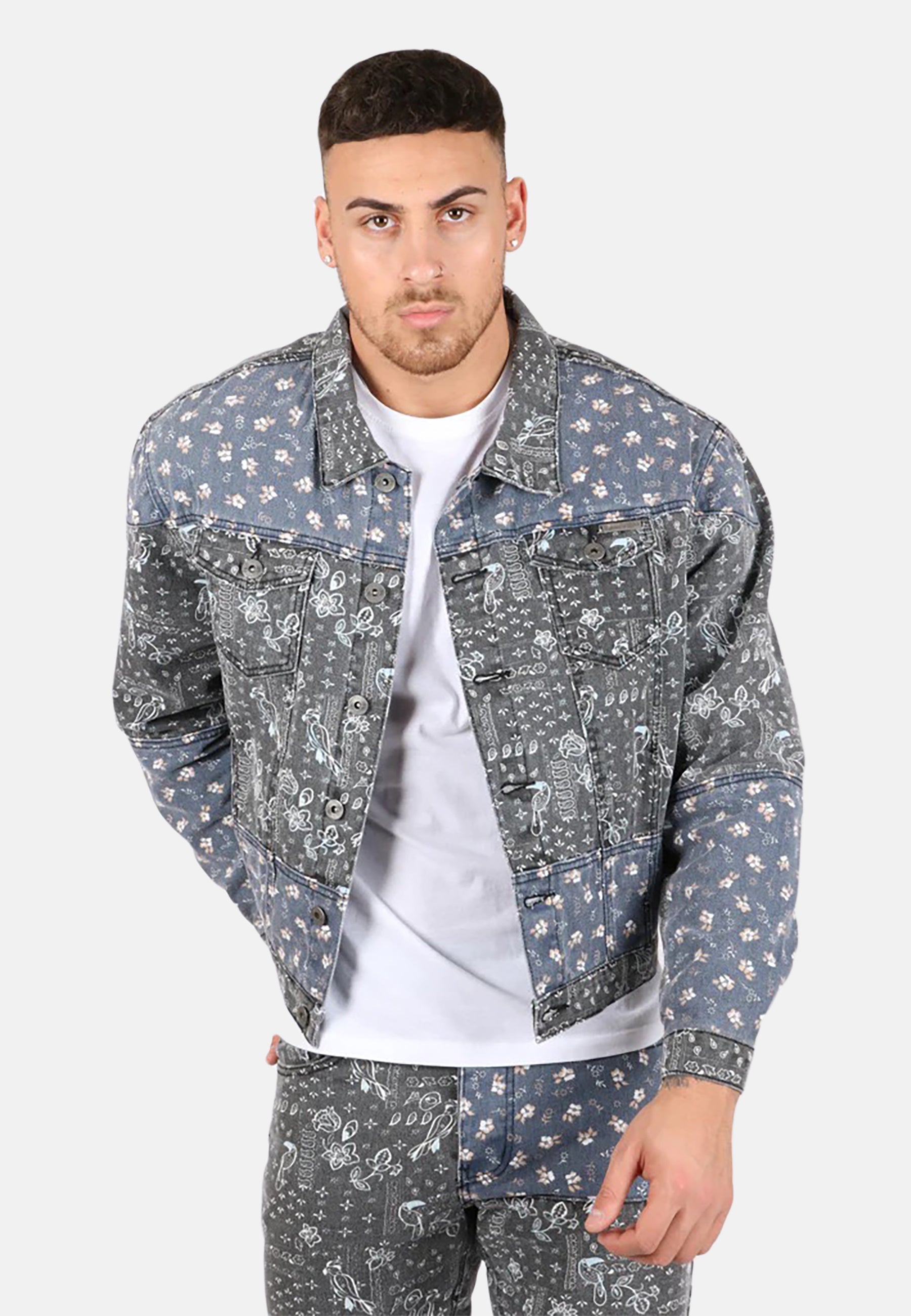 Oversized Trucker Jacket In Black Floral And Blue Paisley Splicing