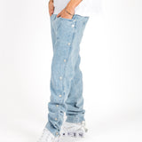 Stonewash Popper Detail Straight Leg Jeans
