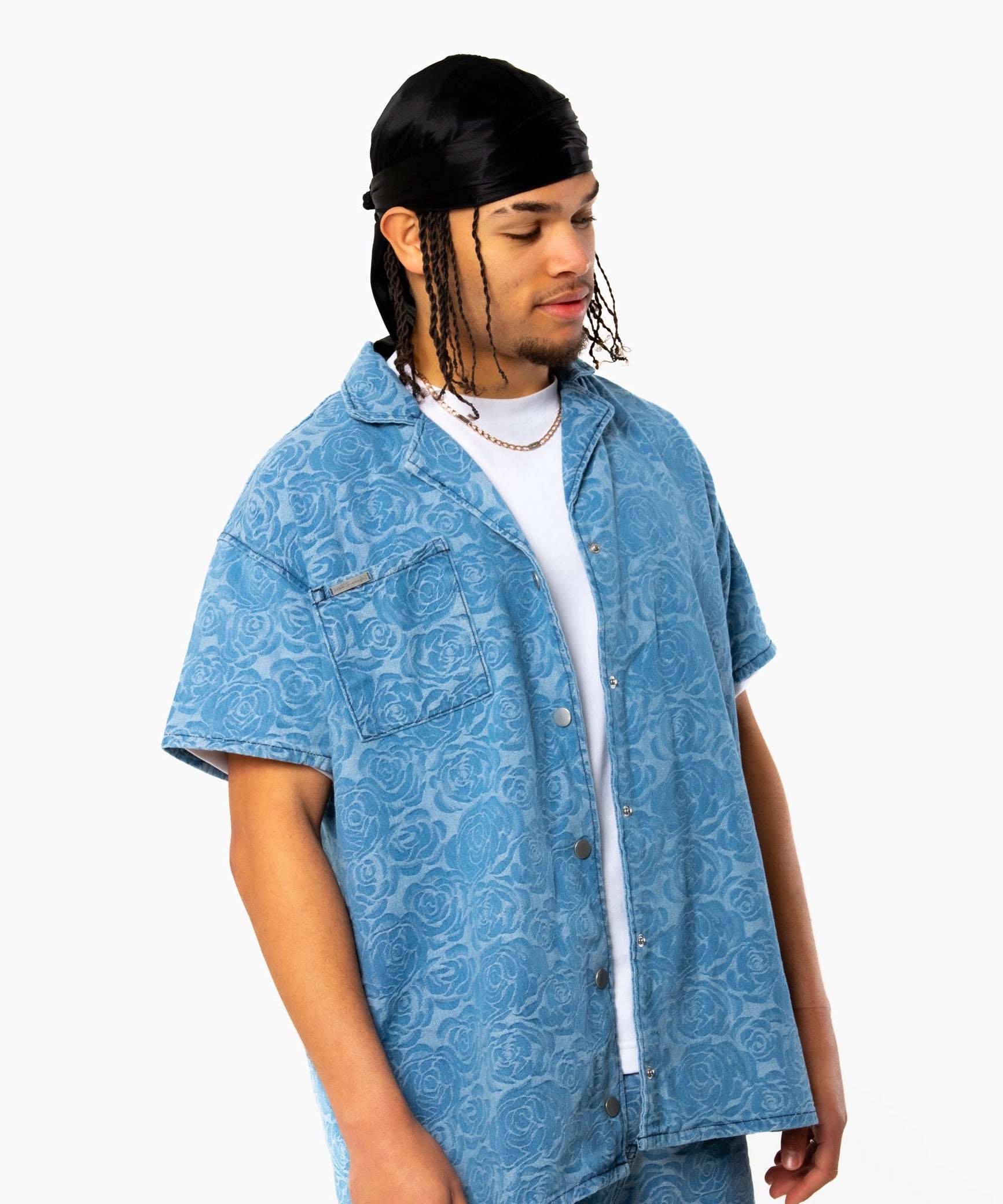 Oversized Floral Textured Jacquard Denim Revere Collar Shirt