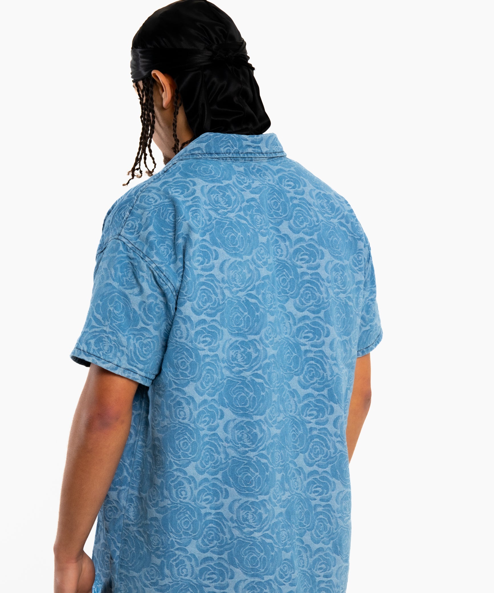 Oversized Floral Textured Jacquard Denim Revere Collar Shirt