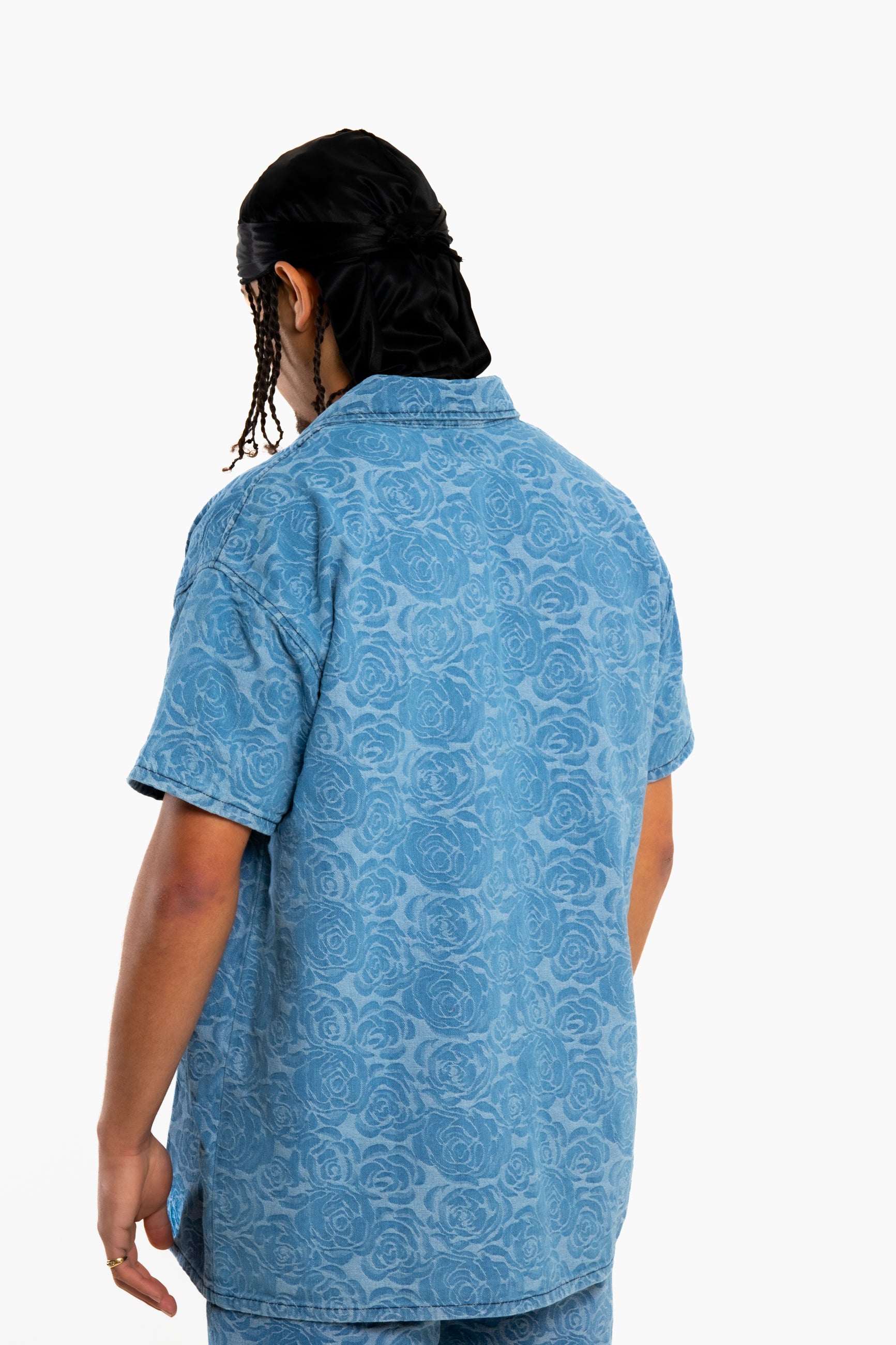 Oversized Floral Textured Jacquard Denim Revere Collar Shirt