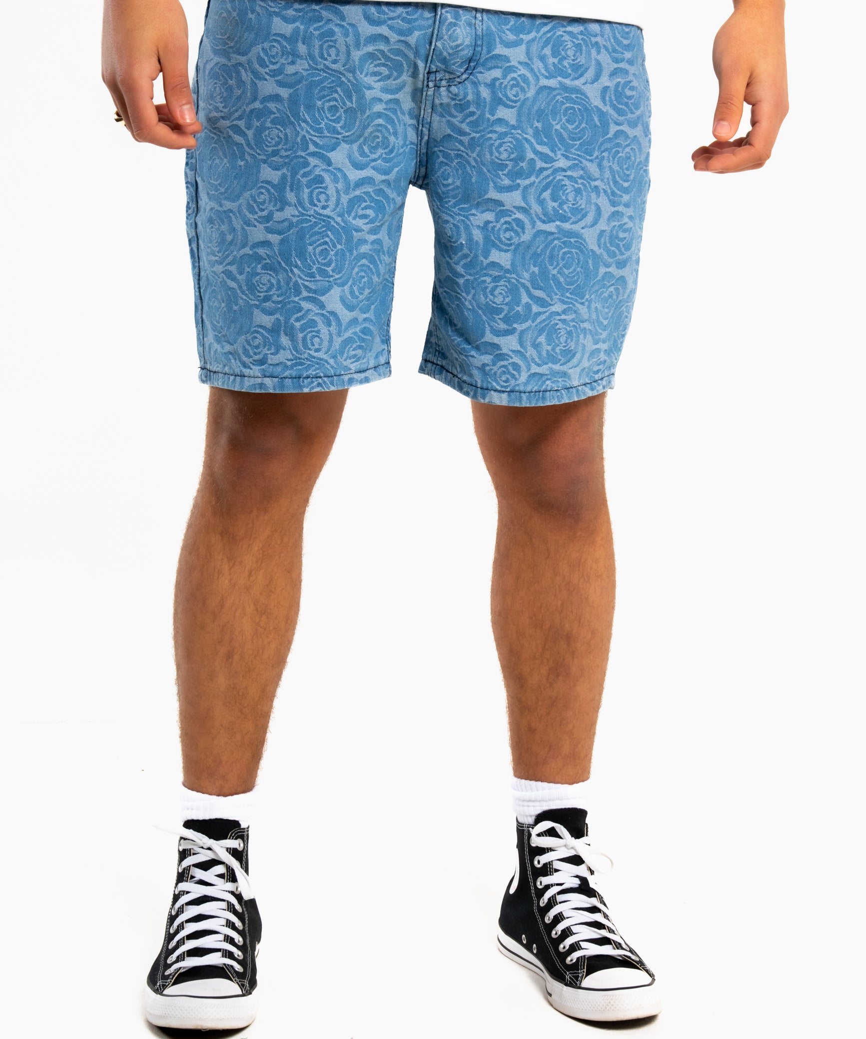 Oversized Floral Textured Jaqcuard Denim Shorts