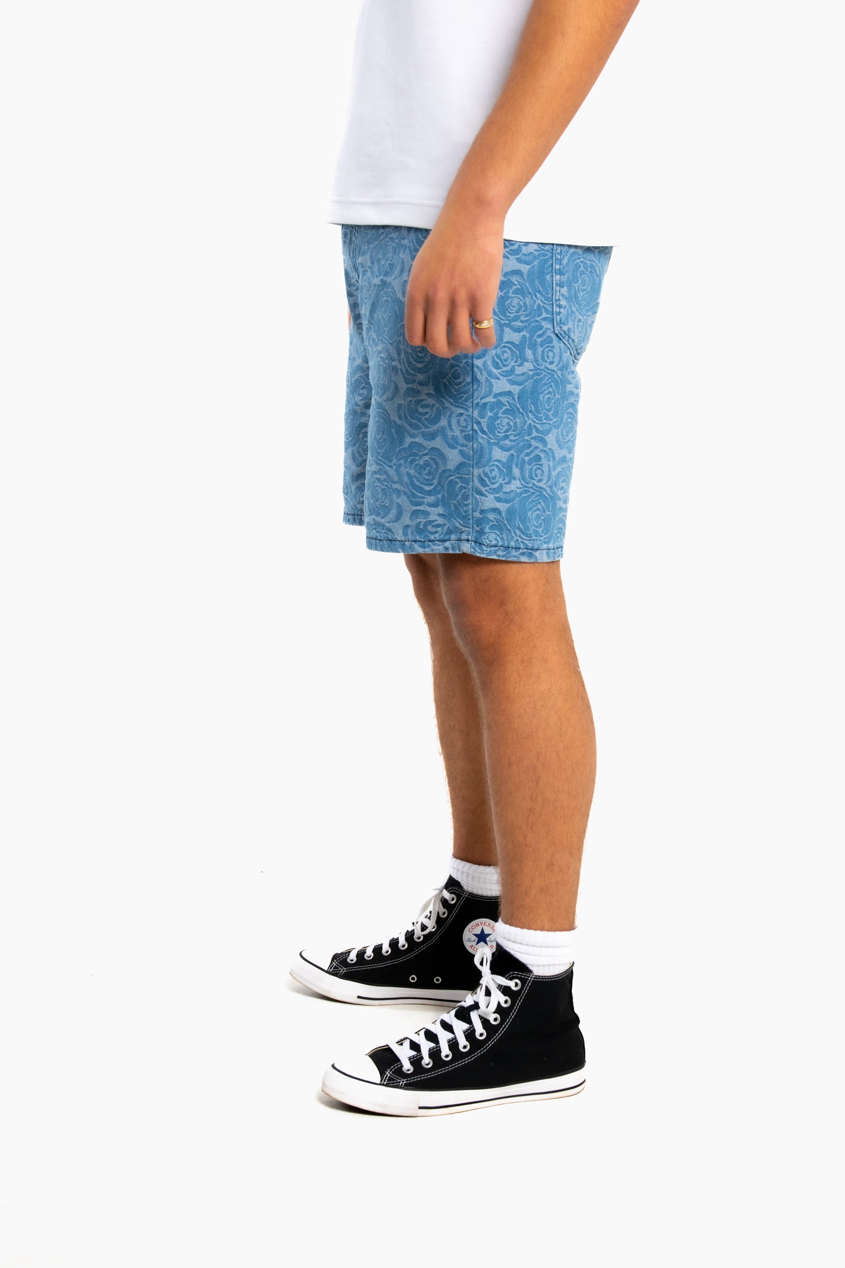 Oversized Floral Textured Jaqcuard Denim Shorts