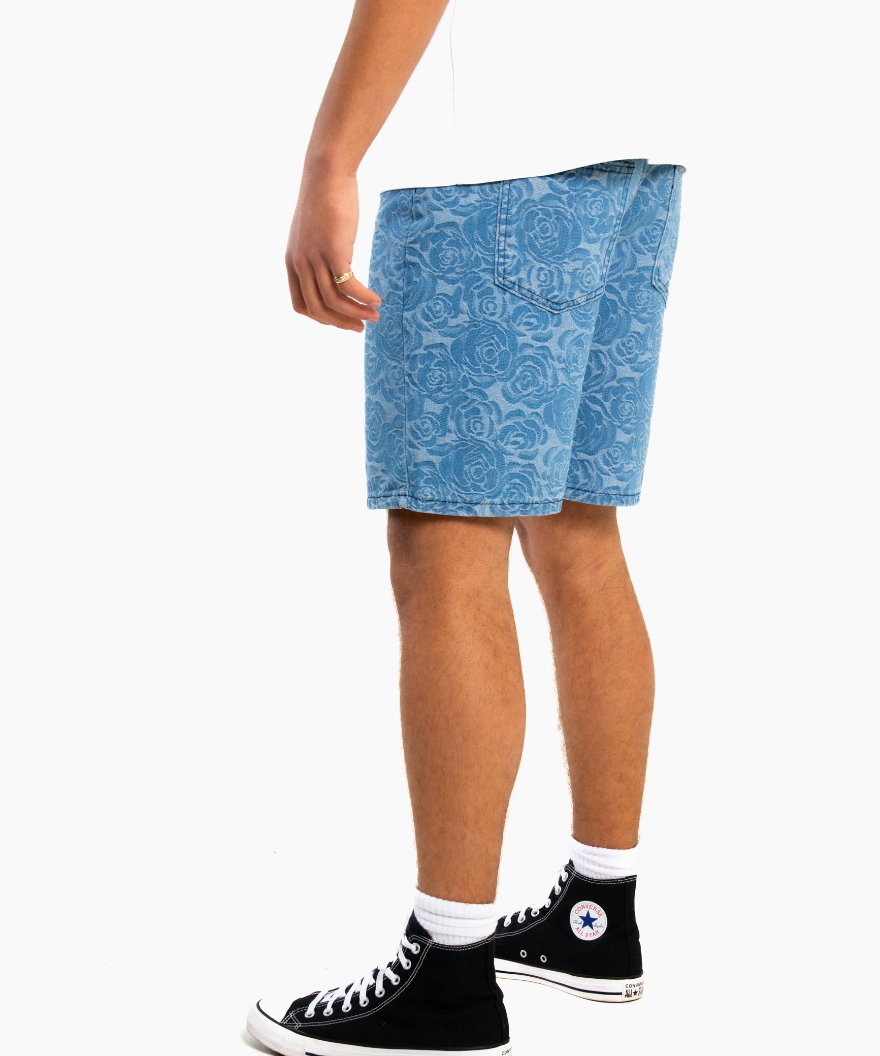 Oversized Floral Textured Jaqcuard Denim Shorts