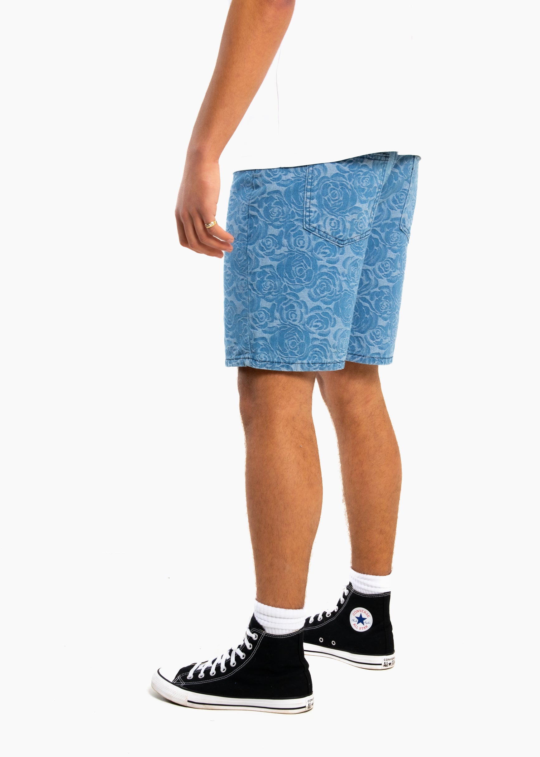 Oversized Floral Textured Jaqcuard Denim Shorts