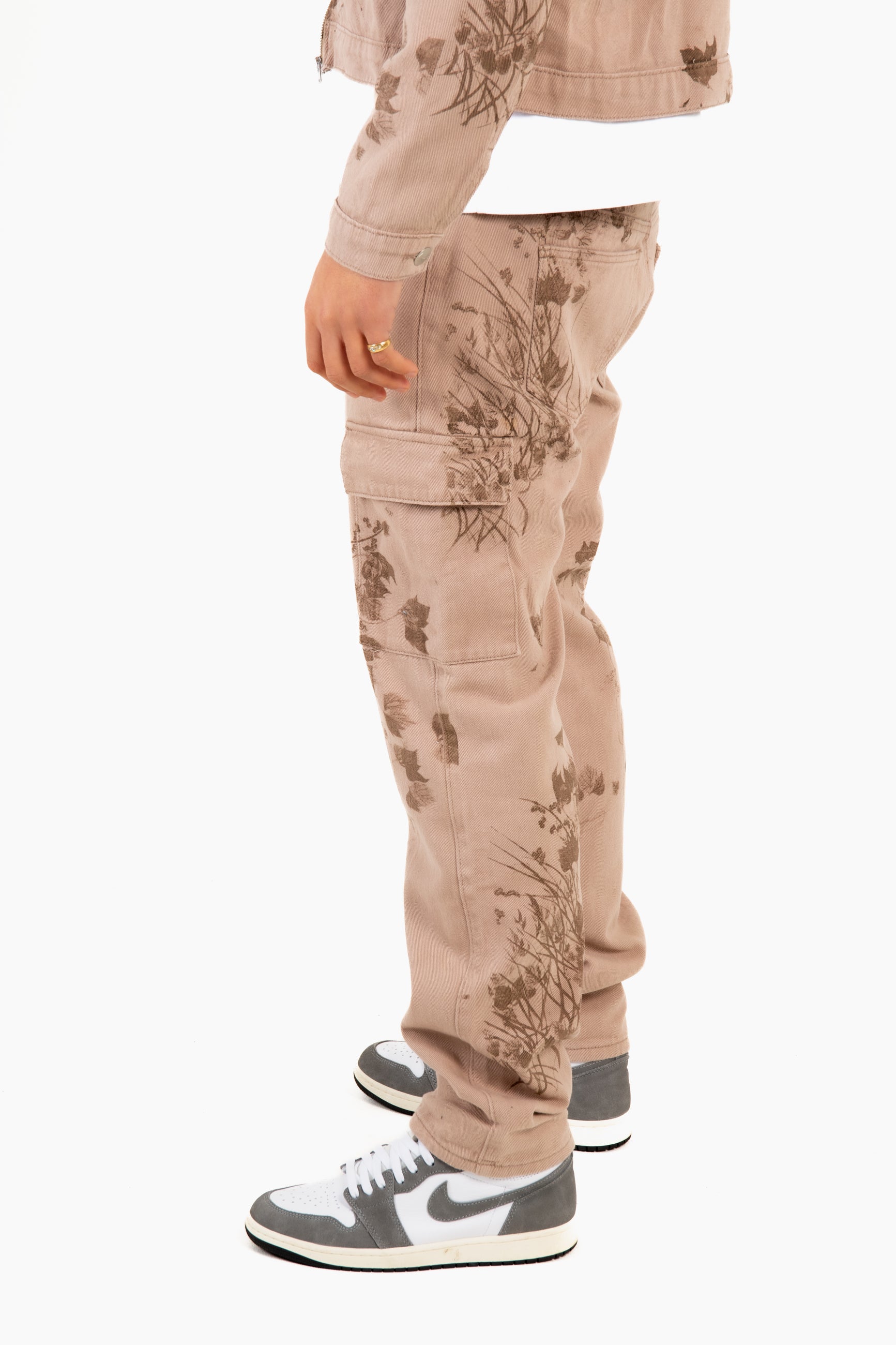 Sand & Brown Floral Twill Relaxed Cargo Jeans