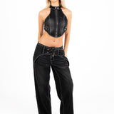 Washed Black Contrast Stitch & Buckle Detail Baggy Jean