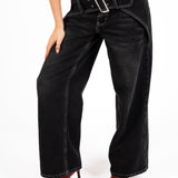 Washed Black Contrast Stitch & Buckle Detail Baggy Jean