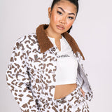 Cow Printed Trucker Borg Collar Cropped Jacket