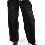 Washed Black Contrast Stitch & Buckle Detail Baggy Jean