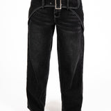 Washed Black Contrast Stitch & Buckle Detail Baggy Jean