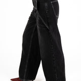 Washed Black Contrast Stitch & Buckle Detail Baggy Jean