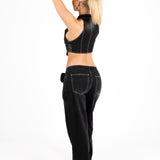 Washed Black Denim Contrast Stitch Top