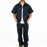 Indigo Denim Shirt With Stud Detail
