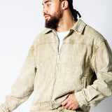 RIDER - Relaxed Zip‑Up Acid Wash Beige Denim Jacket
