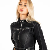 Washed Black Contrast Stitch & Buckle Detail Denim Jacket