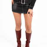 Washed Black Contrast Stitch & Buckle Detail Micro Mini Skirt