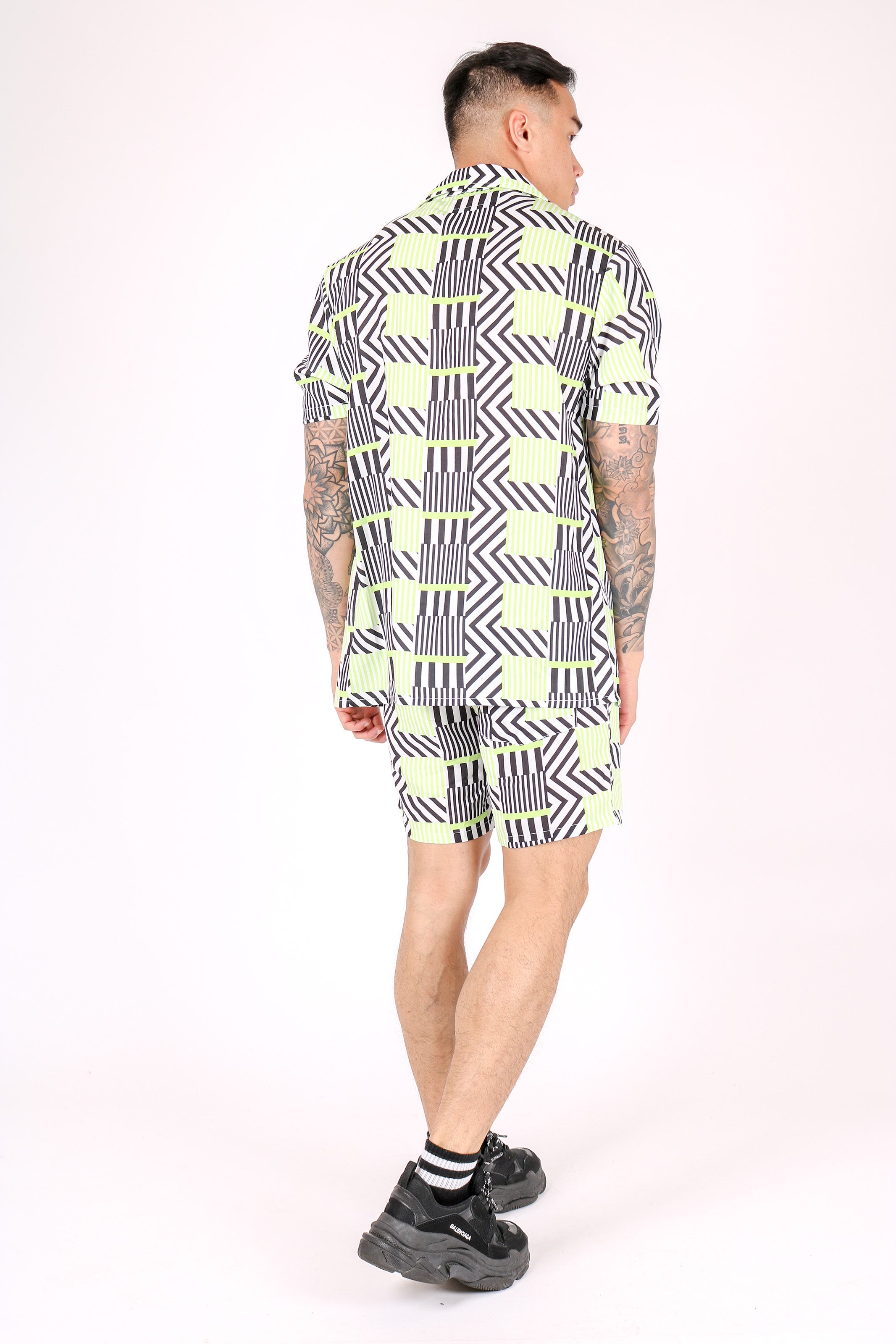 Revere Collar Shirt In Geometric Lime Print