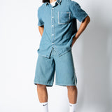 Boxy Pinstripe Blue Denim Shirt With Embroidery Detail