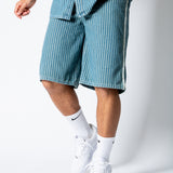 Blue Pinstripe Jorts With Embroidered Hem