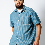 Boxy Pinstripe Blue Denim Shirt With Embroidery Detail