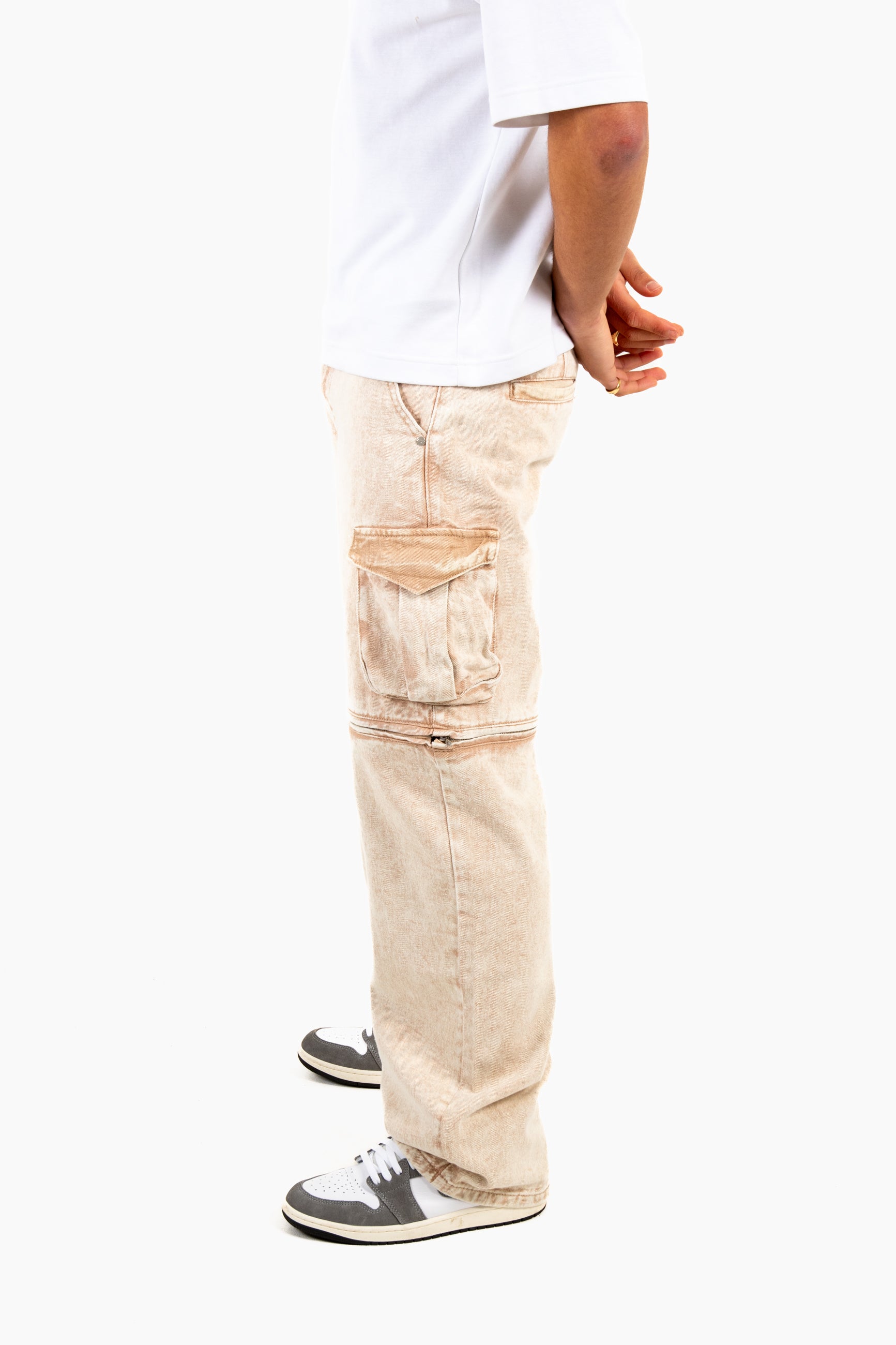 Washed Beige Baggy Cargo Trouser Detachable Zip Off Shorts