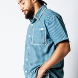 Boxy Pinstripe Blue Denim Shirt With Embroidery Detail