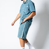 Boxy Pinstripe Blue Denim Shirt With Embroidery Detail