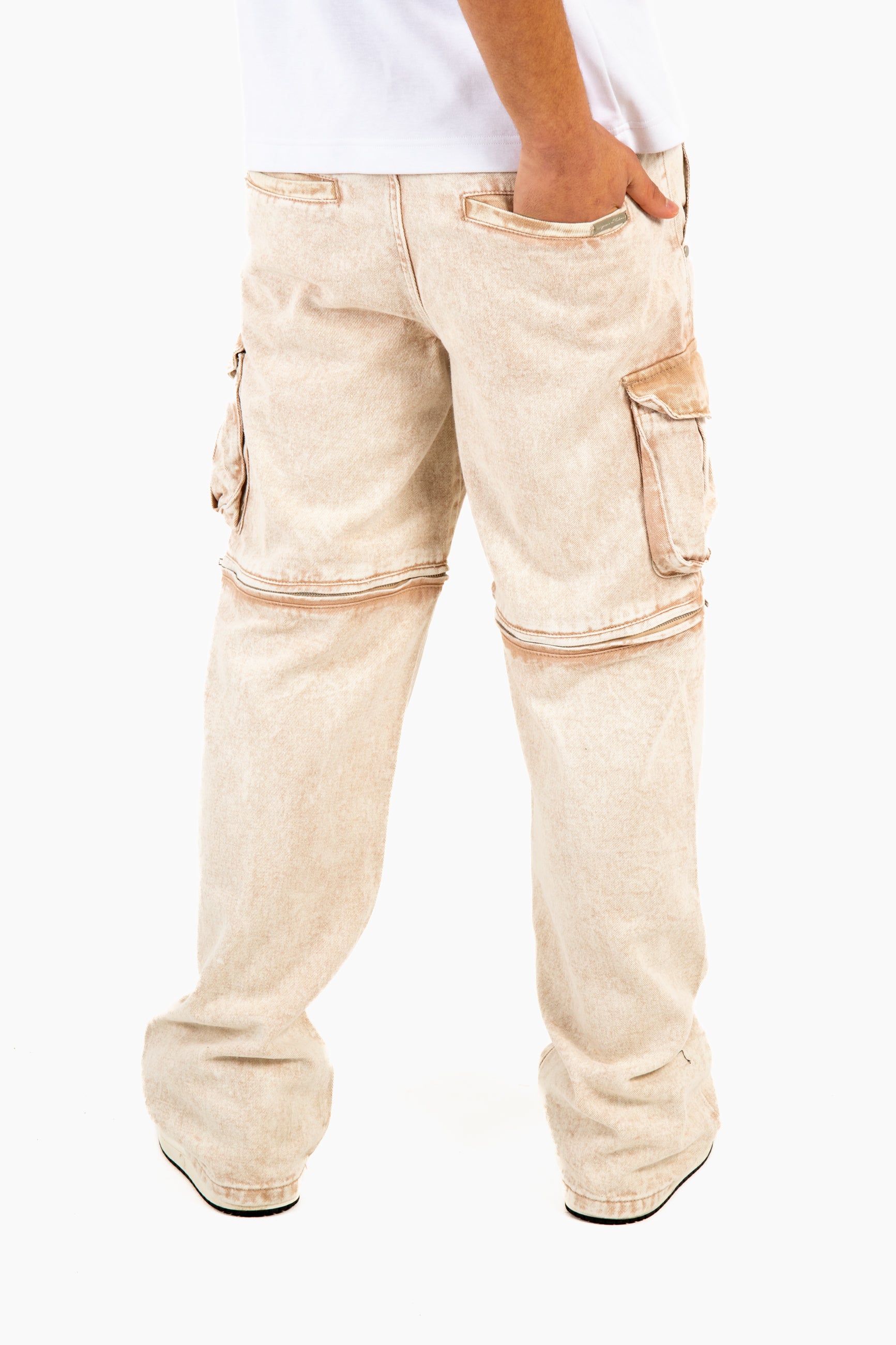 Washed Beige Baggy Cargo Trouser Detachable Zip Off Shorts