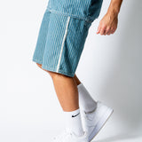 Blue Pinstripe Jorts With Embroidered Hem