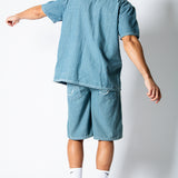 Blue Pinstripe Jorts With Embroidered Hem