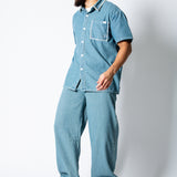 Boxy Pinstripe Blue Denim Shirt With Embroidery Detail