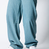 Blue Baggy Pinstripe Jeans With Embroidered Seam