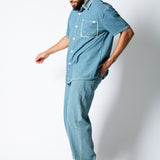 Blue Baggy Pinstripe Jeans With Embroidered Seam