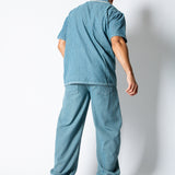 Blue Baggy Pinstripe Jeans With Embroidered Seam