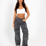 Acid Wash Black Denim Wide Leg Cargo