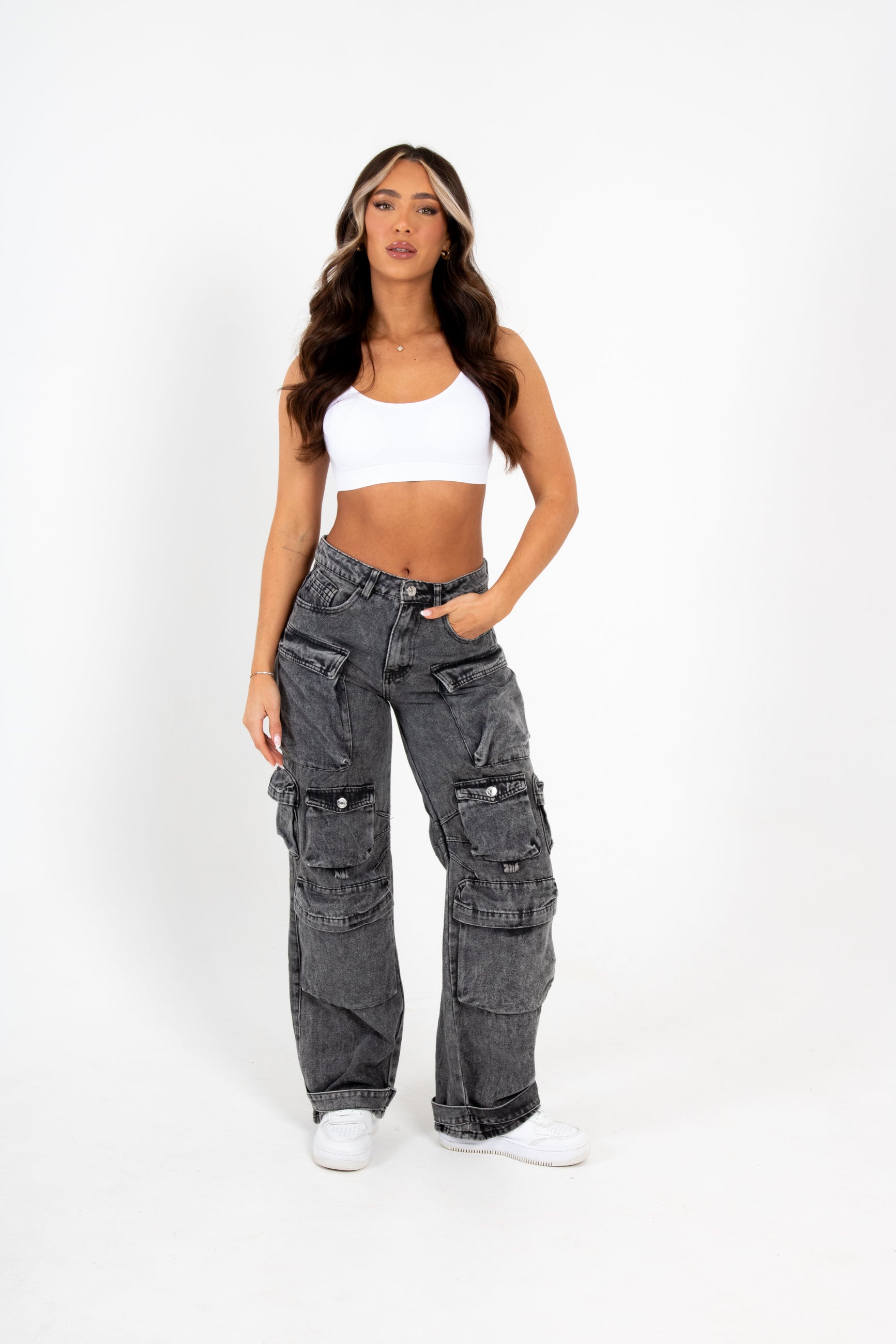 Acid Wash Black Denim Wide Leg Cargo