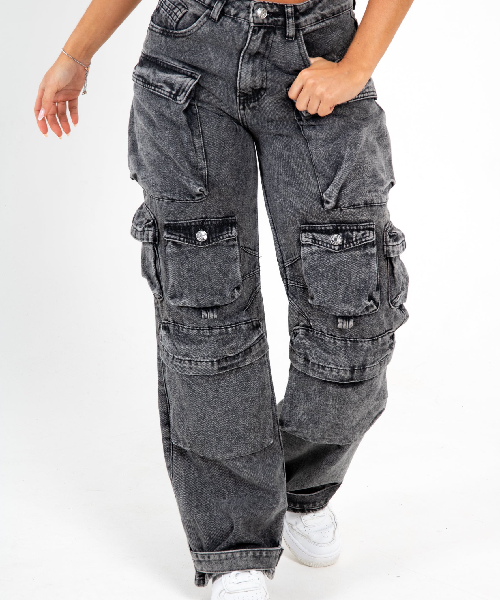 Acid Wash Black Denim Wide Leg Cargo