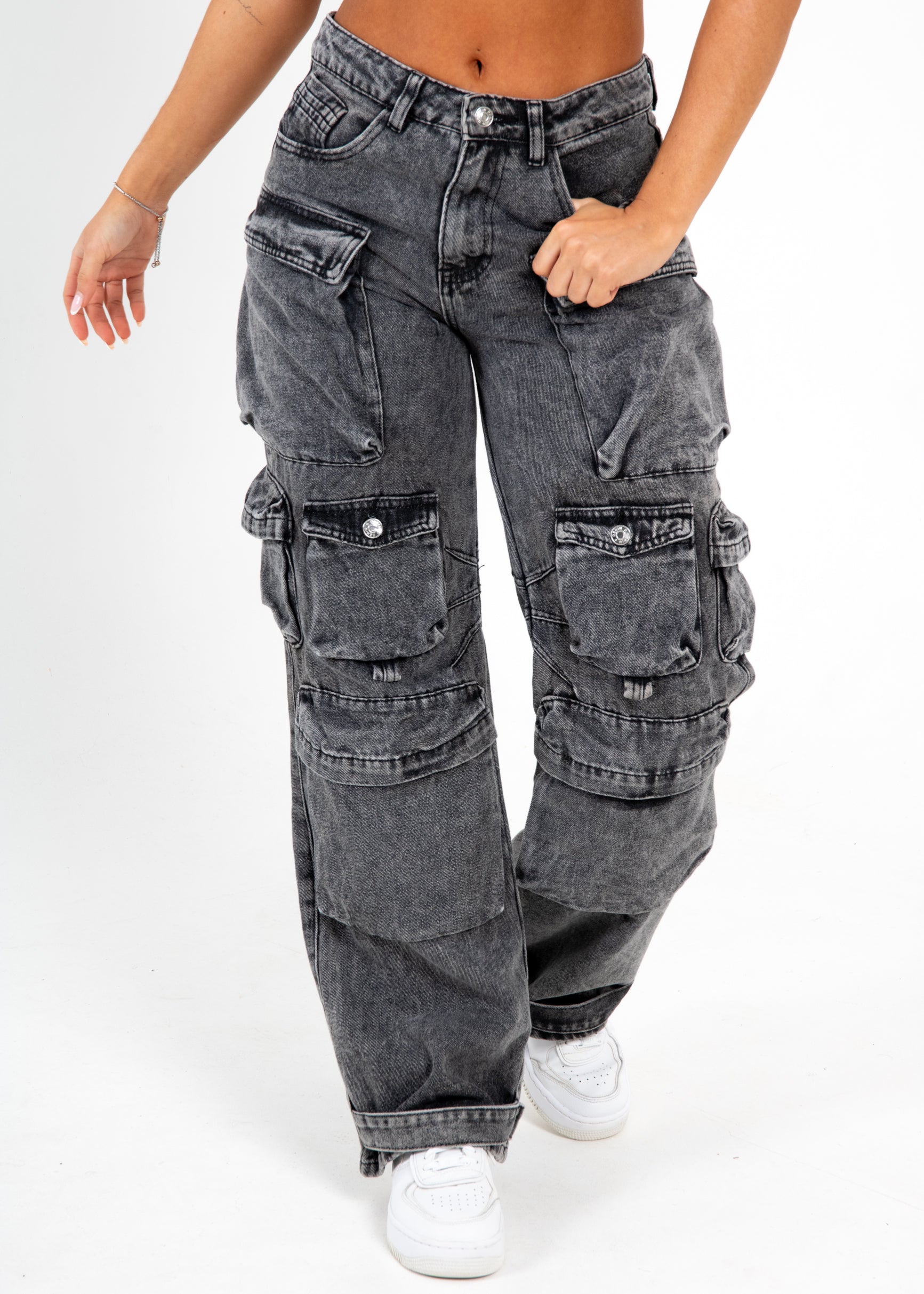 Acid Wash Black Denim Wide Leg Cargo
