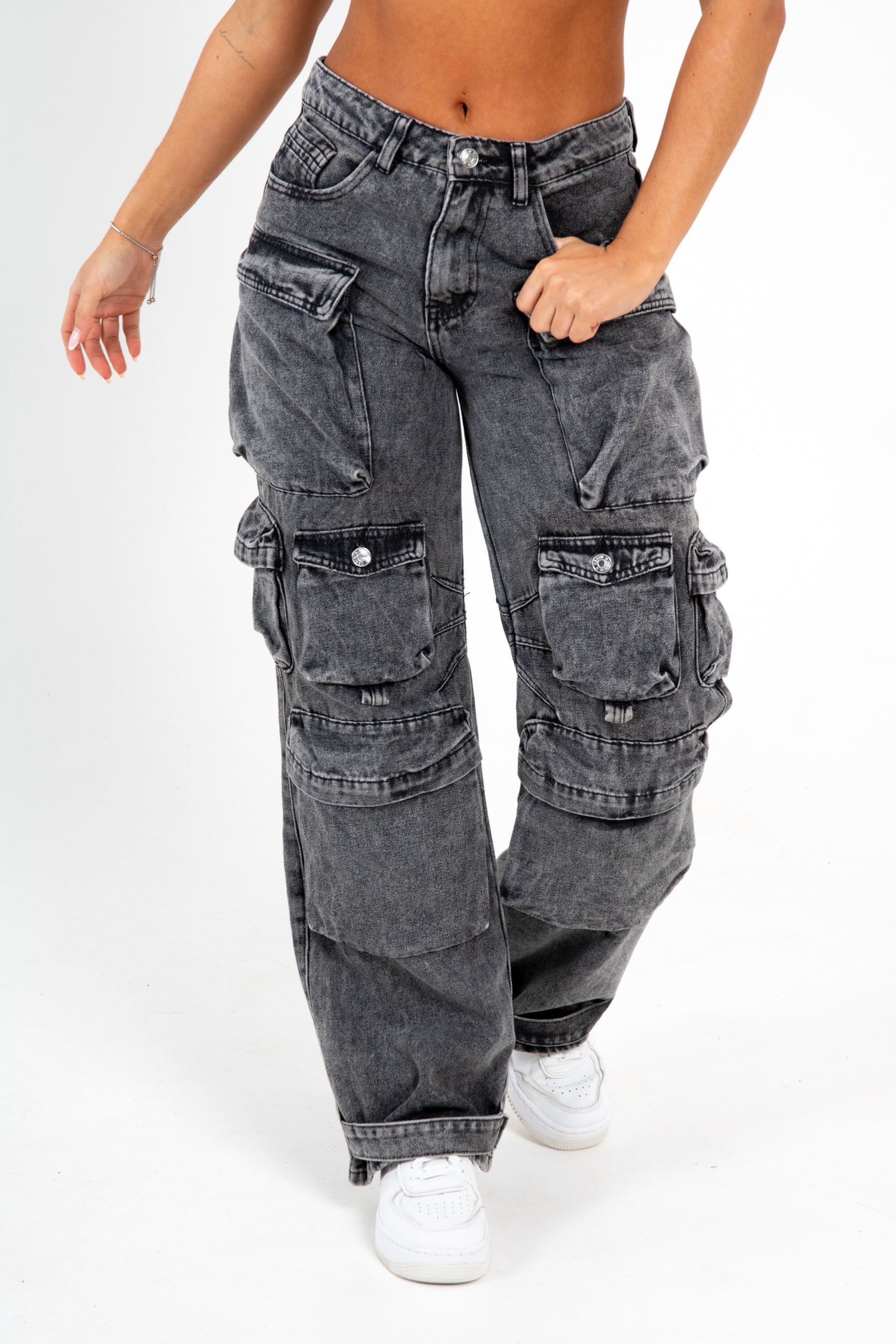 Acid Wash Black Denim Wide Leg Cargo