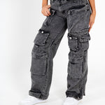 Acid Wash Black Denim Wide Leg Cargo